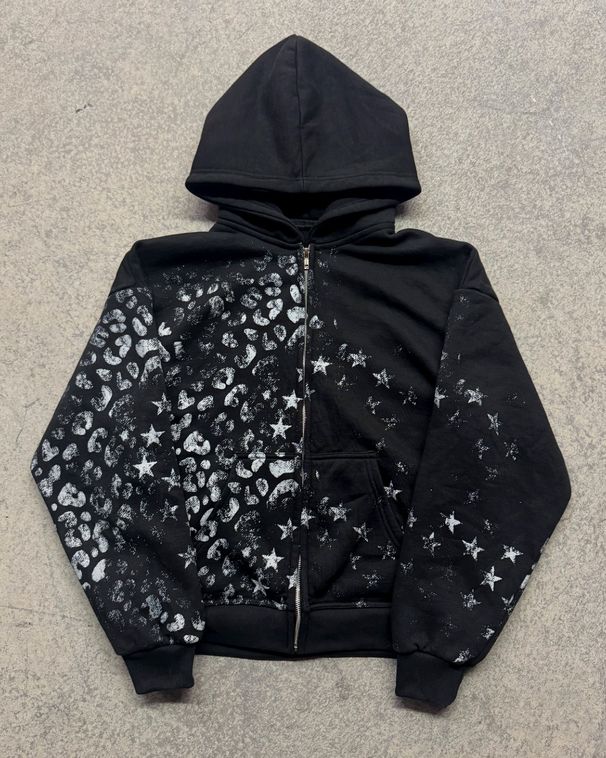 Gothic Streetwear Zip-Up Hoodie Set – Dark Print, Retro Punk Aesthetic (S-XL, Polyester, Unisex Pullover & Pants)_viptrois.com