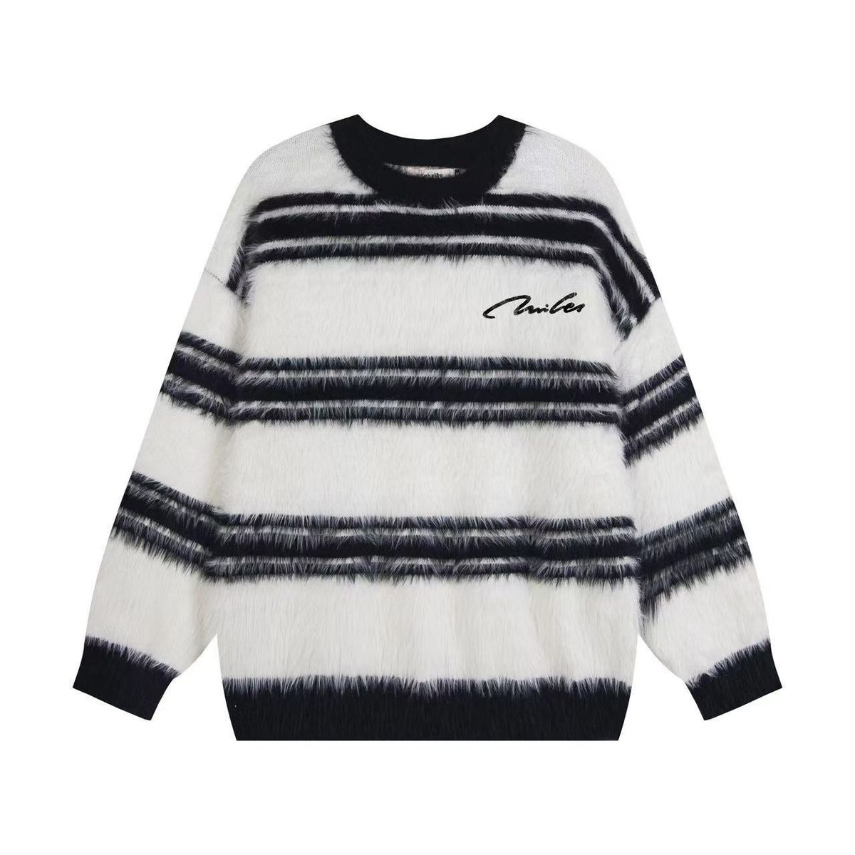 Pure American Retro Lazy Style Striped Sweater For Men Couples Autumn Winter New Loose Niche Casual Color-Block Knitted Top_viptrois.com