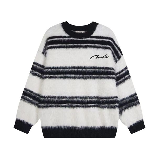Pure American Retro Lazy Style Striped Sweater For Men Couples Autumn Winter New Loose Niche Casual Color-Block Knitted Top_viptrois.com