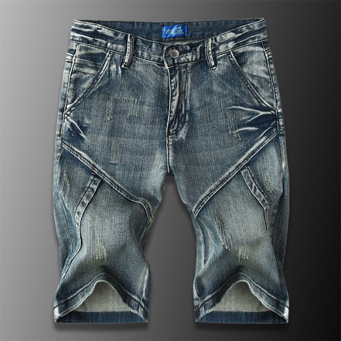 Men's Vintage Patchwork Denim Shorts - Summer Lightweight 5-Pocket Casual Cargo Design With Cat Whisker Wash, Mid-Thigh Length_viptrois.com