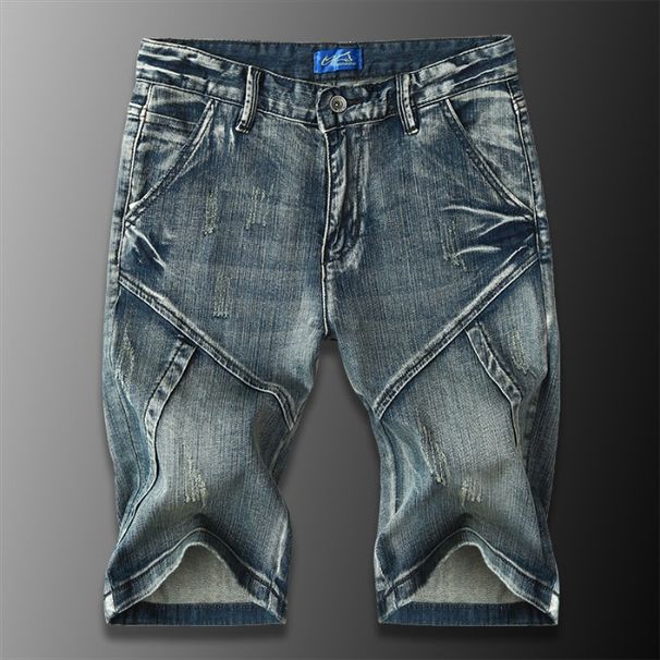 Men's Vintage Patchwork Denim Shorts - Summer Lightweight 5-Pocket Casual Cargo Design With Cat Whisker Wash, Mid-Thigh Length_viptrois.com