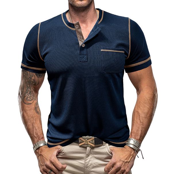 Men's Clothing Men's Round Neck Waffle Henry Short Sleeved T Shirt Men's Button Up Contrast Color Bright Line Bottoming Shirt_viptrois.com