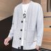 V-Neck Cardigan Sweater Men's Casual Pullover Hoodie With Patch Pockets, Waffle Knit, Loose Fit, College Style_viptrois.com