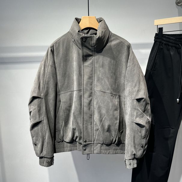 Winter New American Style Trendy Brand Simple Solid Color Stand Collar Leather Jacket Men Loose Casual 90 White Duck_viptrois.com