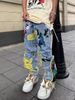 Men's Clothing High Street Brushed Embroidered Jeans Men's Hiphop Street Straight Loose Floor Mopping Trousers_viptrois.com