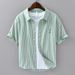 Summer fresh striped short-sleeved shirt men's trendy loose versatile casual literary men's wear embroidered cotton shirt C06_viptrois.com