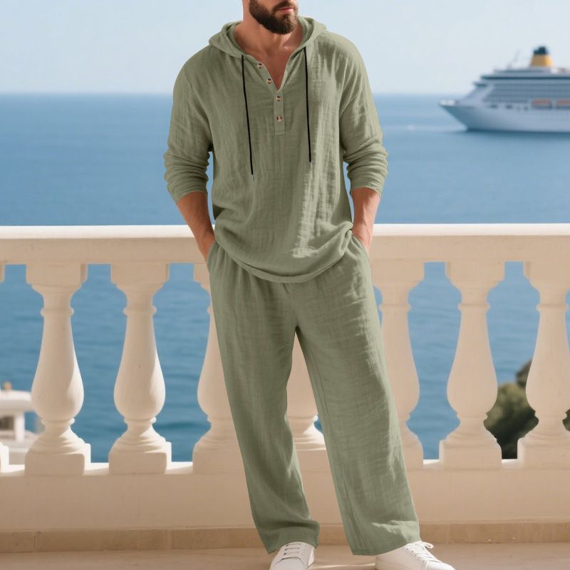 Men's Casual Linen Suit American Style Autumn Loose Fit Hooded Henley Shirt Long Sleeved Trousers Set_viptrois.com