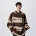 Mohair Round Neck Sweater Casual Contrasting Striped Knit Sweater Loose Couple Base Shirt_viptrois.com