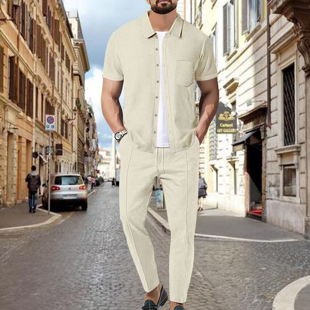 Men's Waffle-Knit 2-Piece Set - Short Sleeve Shirt & Long Pants Outfit (S-XXXL) - Breathable Summer Casual Wear In Black/White/Grey/Khaki/Navy_viptrois.com