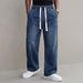 Men's Straight Leg Jeans Drawstring Elastic Waist Loose Fit Trendy Casual Trousers Wide Leg Version_viptrois.com