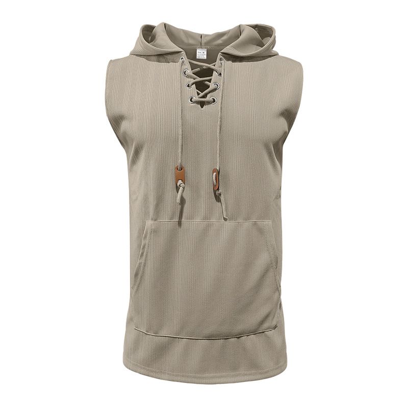 Men's Casual Hooded Vest Sleeveless Light Solid Color Lace-Up Cross Border Summer Top In Yellow Gray Black Polyester_viptrois.com