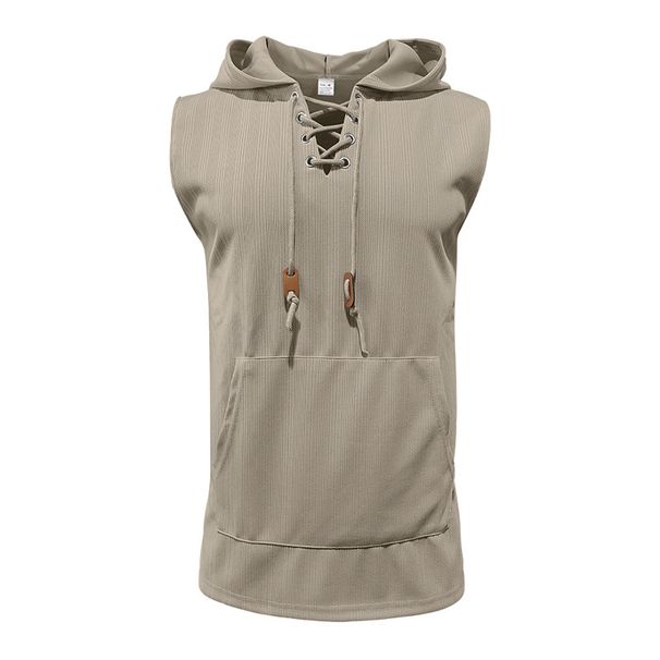 Men's Casual Hooded Vest Sleeveless Light Solid Color Lace-Up Cross Border Summer Top In Yellow Gray Black Polyester_viptrois.com