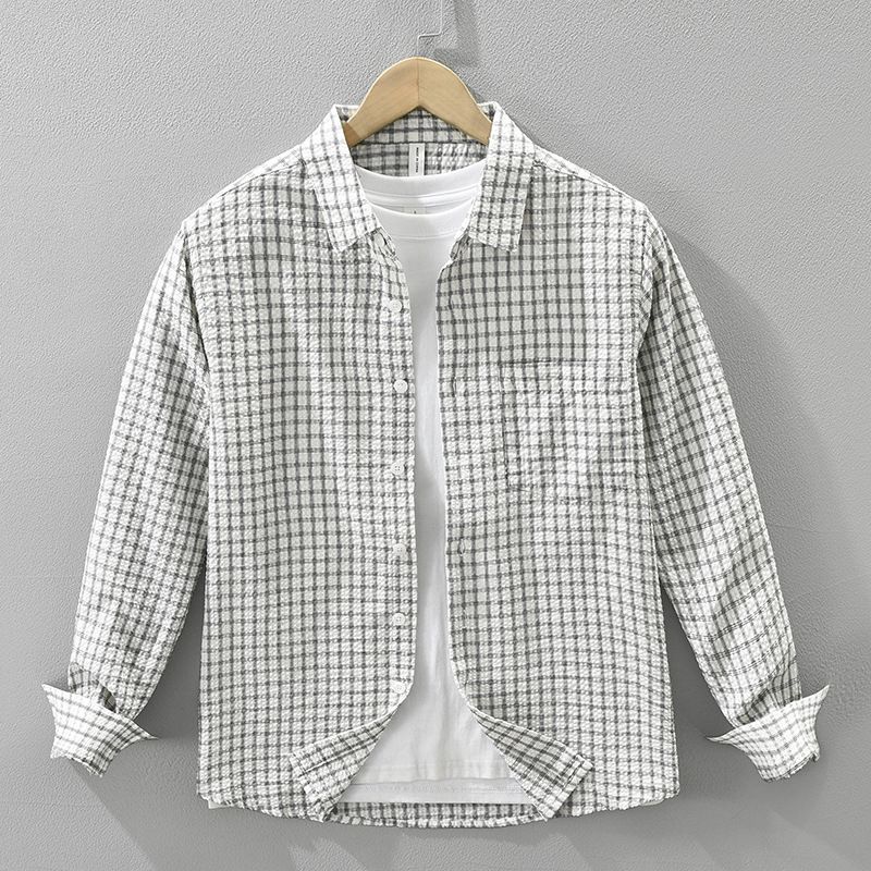 Fresh Long Sleeved Shirt Men's Checkered Fashionable Versatile Artistic Casual Loose Top_viptrois.com
