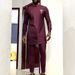 Men's moslem Independent Station Dark Red Round Neck Ethnic Style Robe Shirt Pants Set 1213639_viptrois.com