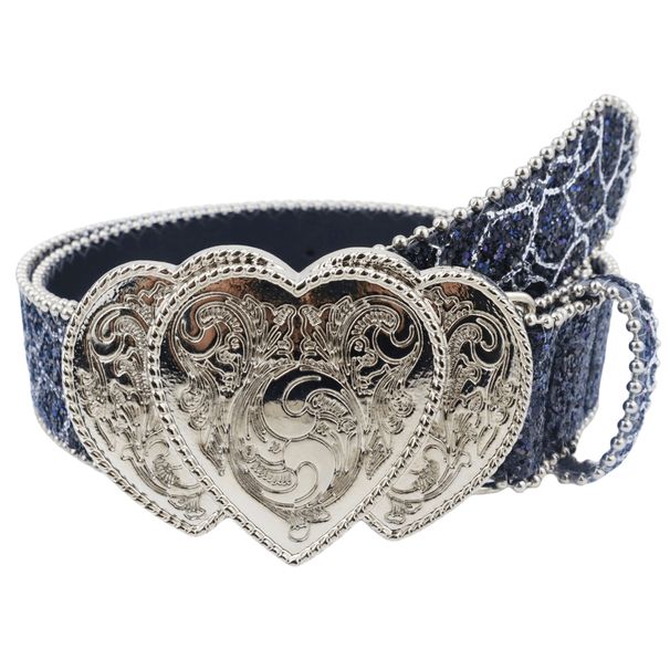Fashionable women's three heart buckle, glittering sequin decoration, jeans, casual pants belt, women and girls_viptrois.com