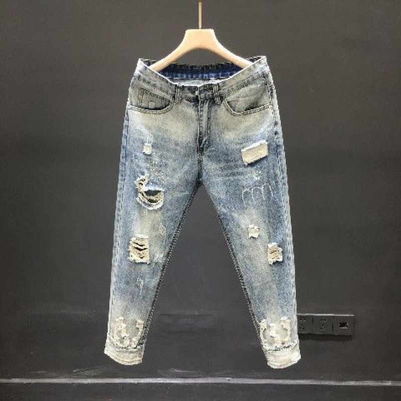 Ripped Jeans Men's Hong Kong Style New Brand Youth Fashion Nine-point Slim Foot Trendy Beggar Pants_viptrois.com