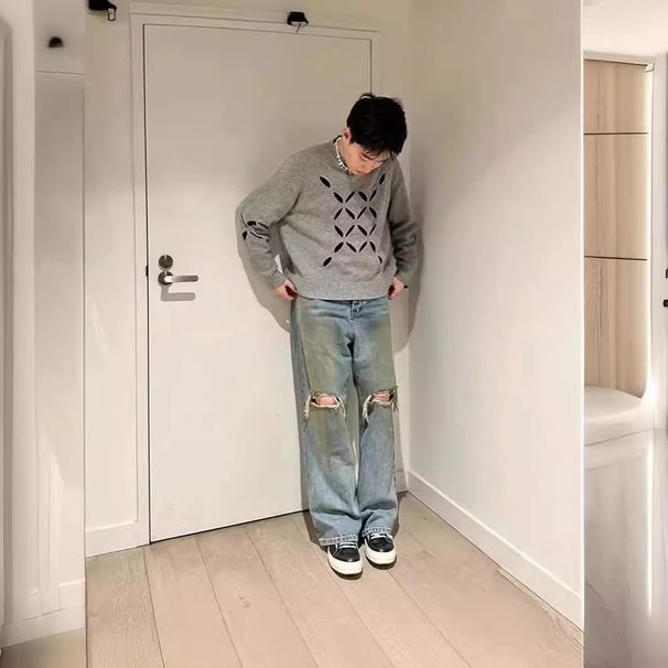 Unique Design Diamond Pattern Hollow Wool Knit Sweater Unisex Casual Top Versatile Fashion Trend_viptrois.com