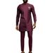 Men's moslem Independent Station Dark Red Round Neck Ethnic Style Robe Shirt Pants Set 1213639_viptrois.com