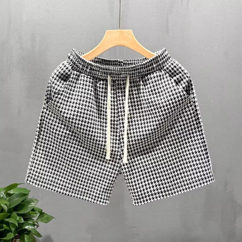 Men's Clothing Luxury Brand Men's Houndstooth Shorts Straight Leg Loose Fit Beach Casual Pants Retro Style Summer Four Quarter Length_viptrois.com