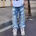 Men's Clothing Corroded Split Patch Jeans Men's High Street Loose Straight Beggar Trousers_viptrois.com