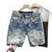 Heavyweight Checkerboard Denim Shorts For Men, Vintage Washed Distressed American Retro Style Casual 5-Pocket Knee-Length Shorts_viptrois.com