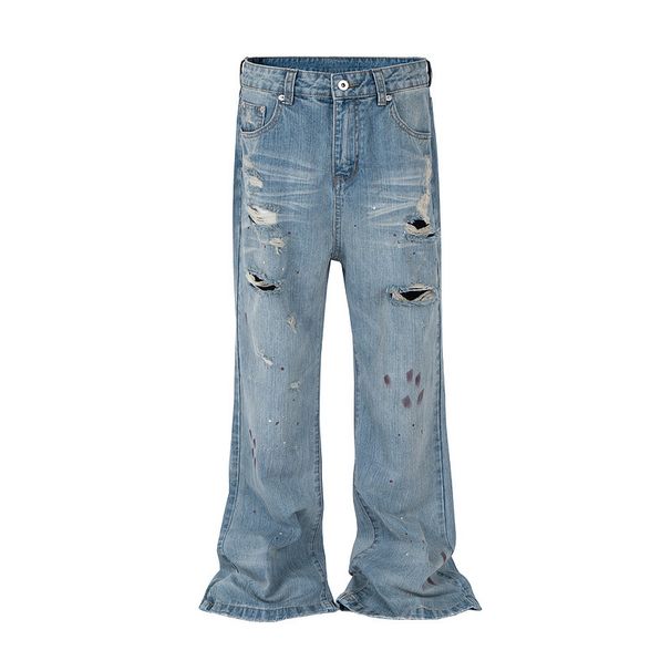Men's Clothing High Street Old Washed Wide Leg Ripped Bamboo Joints Hand Rubbed Blood Stain Jeans_viptrois.com