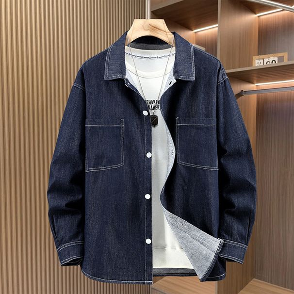 Men’s 100% Cotton Denim Shirt Jacket – Oversized Fit, Long Sleeve, Irregular Pockets, Relaxed Casual Style (4XL-11XL, Classic Denim Blue)_viptrois.com