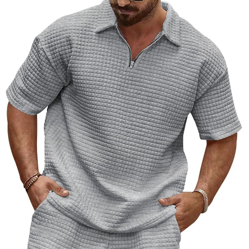 Men's Clothing New Polo Shirt Men's Casual Comfortable Jacquard Small Square Solid Color Lapel Sports Short Sleeve_viptrois.com