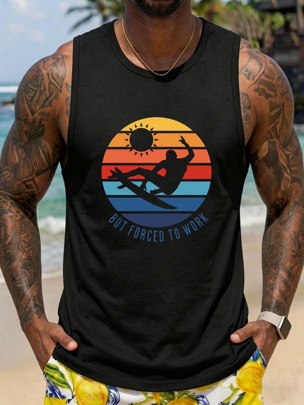Canotta Uomo Girocollo 100% Cotone Stampa Surf Morbida Traspirante Senza Maniche Vacanze Quotidiano Estivo Casual Multicolore_viptrois.com
