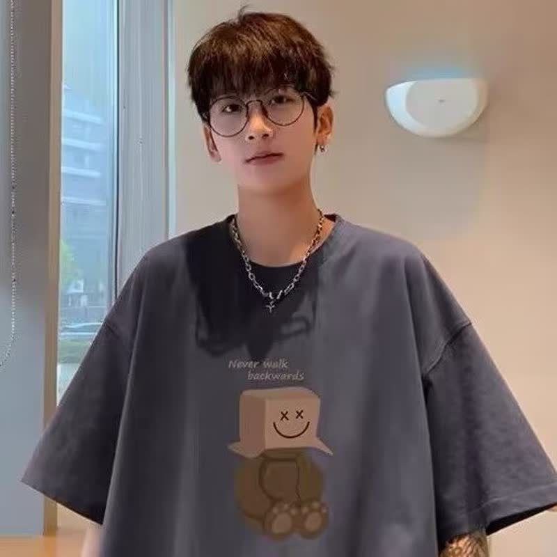 China-Chic Summer T-shirt Male Bear Print Loose Fashion Casual Versatile Bottoming Shirt Cotton Short Sleeved_viptrois.com