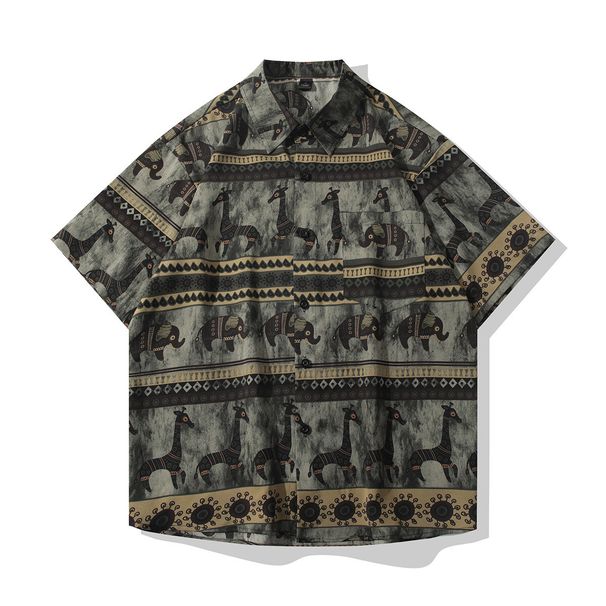 Men's Clothing Casual Printed Short Sleeved Shirt Beach Style Ice Silk Drape Loose Shirt_viptrois.com