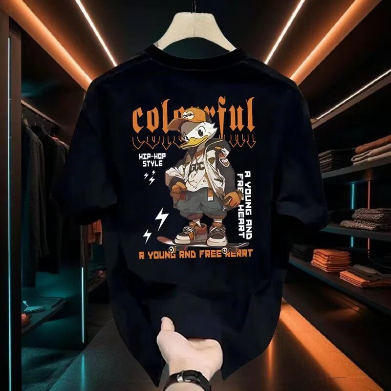 Men's Clothing New Cartoon Duck Front And Back Printed Round Neck T Shirt Men's Trendy Brand Summer Men's Slim Short Sleeved Top_viptrois.com