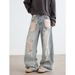 Light Blue Washed Ripped Beggar Pants Men And Women Loose Street Design Fashionable Jeans_viptrois.com