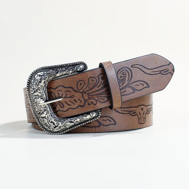 Western Boho Women's Belt - Vintage Cow Print Leather Strap With Decorative Buckle Country Style Waistband_viptrois.com