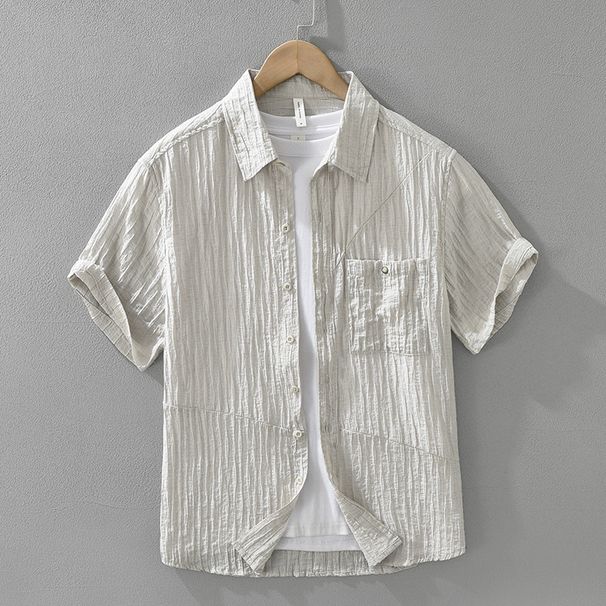 Solid Color Texture Short Sleeved Shirt For Men, Fashionable And Versatile, Artistic And Casual Loose Top_viptrois.com