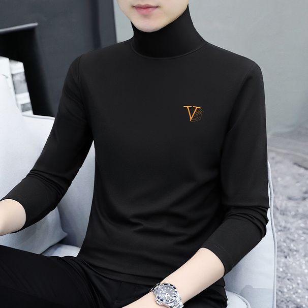 High Collar Spring And Autumn Long Sleeve T-Shirt Men's Korean Style Pure Cotton Warm Base Shirt One Piece Dropshipping_viptrois.com
