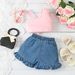Baby Clothing Girls' sweet set gauze bow one-shoulder strap lace denim shorts two-piece set_viptrois.com