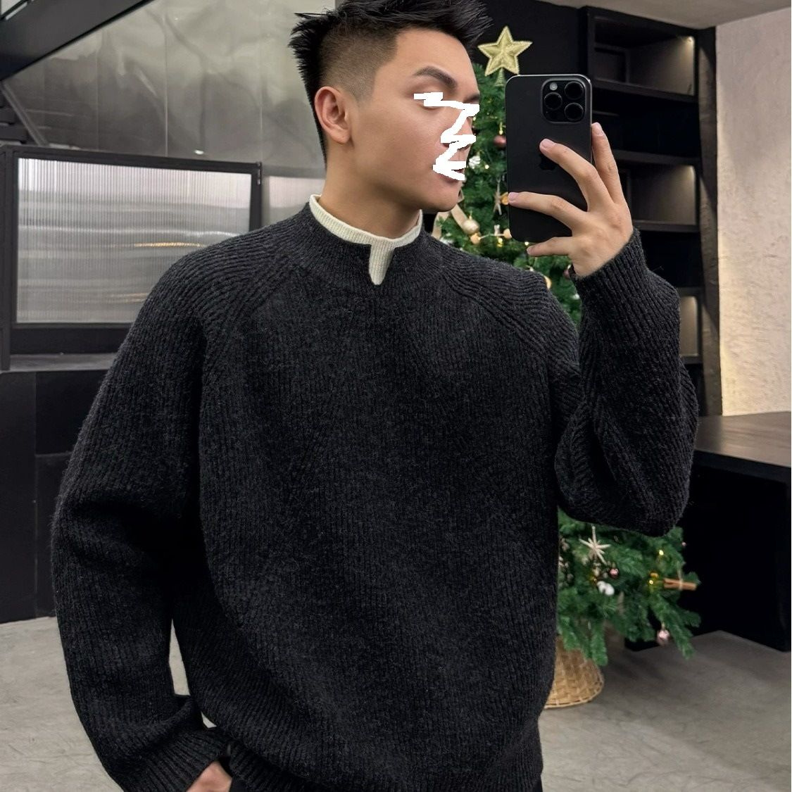 Winter Thick Warm Knit Sweater High Neck Two Piece Design Spliced Trim New Year Holiday Men's Women's Clothing_viptrois.com