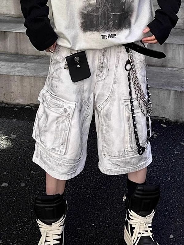 Men's Clothing High Street Dirty Workwear Denim Knee Length Shorts Niche All Match Trendy Loose Straight Leg Cropped Trousers_viptrois.com