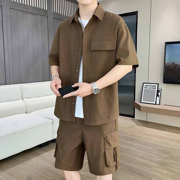 Men's Big & Tall Cargo Style Short Sleeve Shirt And Shorts Set, Relaxed Fit Summer Two-Piece Outfit Versatile Two-Piece Coordination_viptrois.com