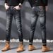 Slim Fit Distressed Patch Jeans For Men, Youth Style, Unique Vintage Straight Leg Pants_viptrois.com