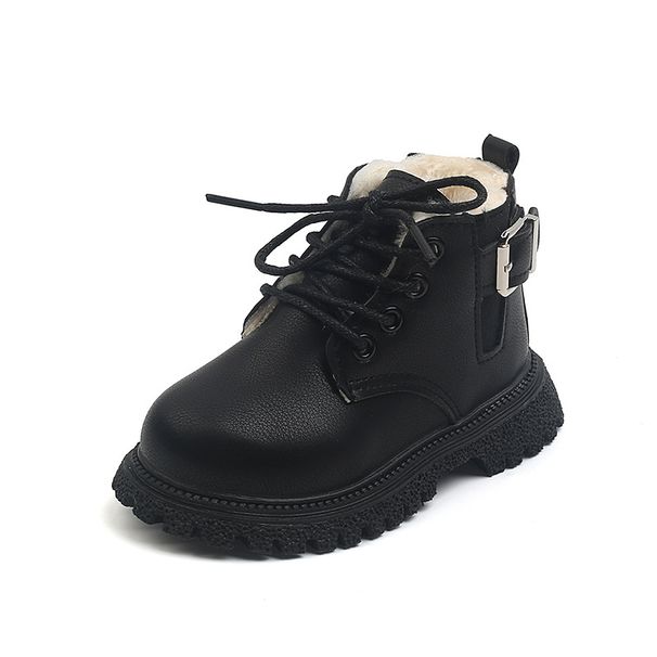Child's shoes Children's Autumn/Winter solid color vintage ankle boots boys with fleece Doc Martens side zipper girls soft-soled warm cotton boots_viptrois.com