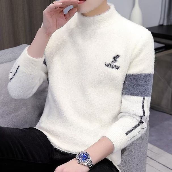 Teenage Boys' Sweater, Autumn And Winter Mink Fur Knit Sweater, Half High Collar For Wearing_viptrois.com