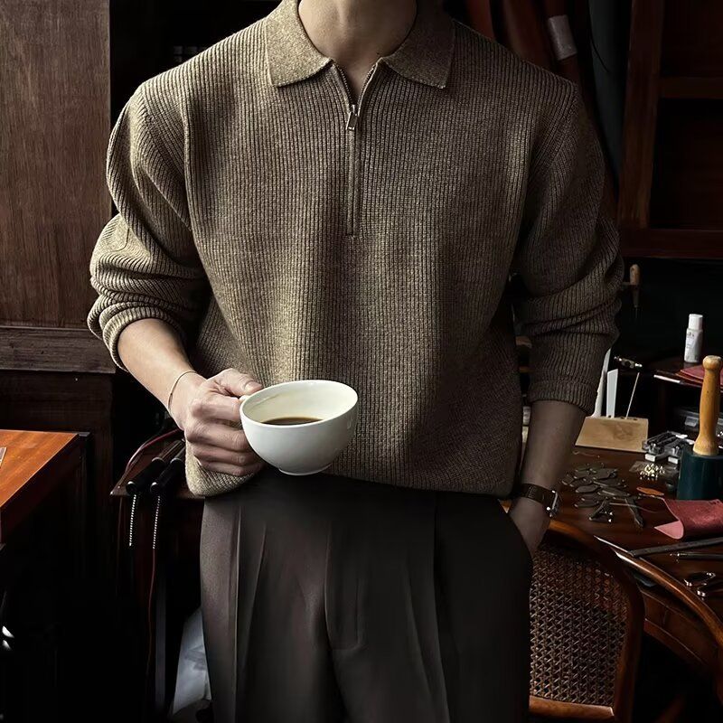 Men’s Korean-Style Zip-Up Sweater – Oversized Lapel Collar, Thick & Stylish For Winter Streetwear_viptrois.com