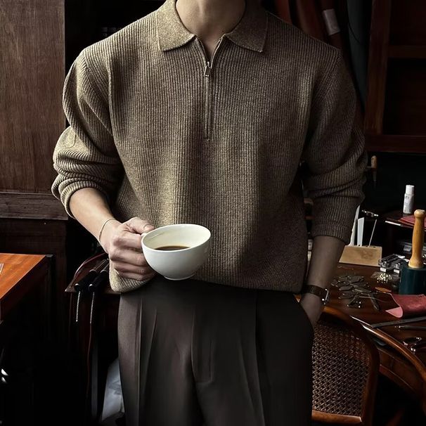 Men’s Korean-Style Zip-Up Sweater – Oversized Lapel Collar, Thick & Stylish For Winter Streetwear_viptrois.com