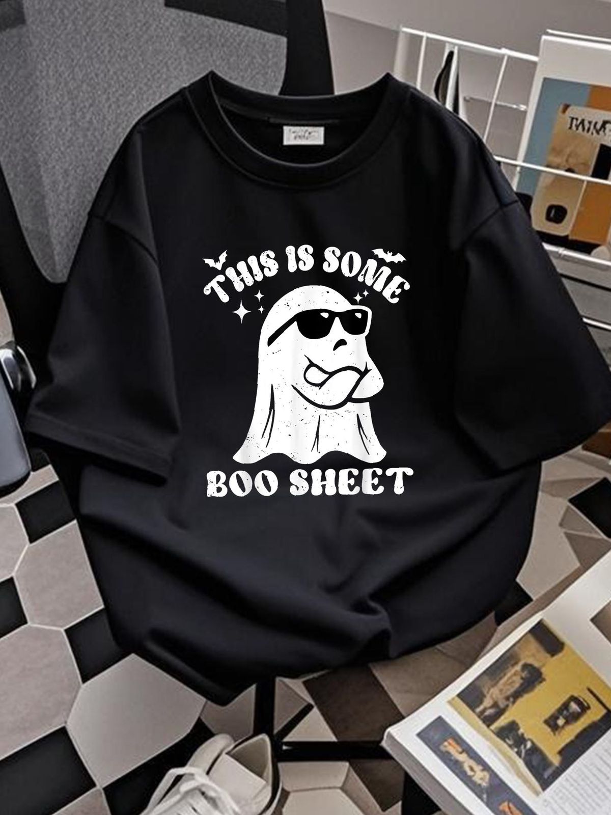 Funny Halloween Boo Ghost Sunglasses This Is Some Boo Sheet T-Shirt Casual Stretched Streetwear Fashion Women Versatile Slightly T-Shirt For Women Casual Designer Clothes Female Women Top Graphic Tees Print Round Neck Short Sleeve_viptrois.com