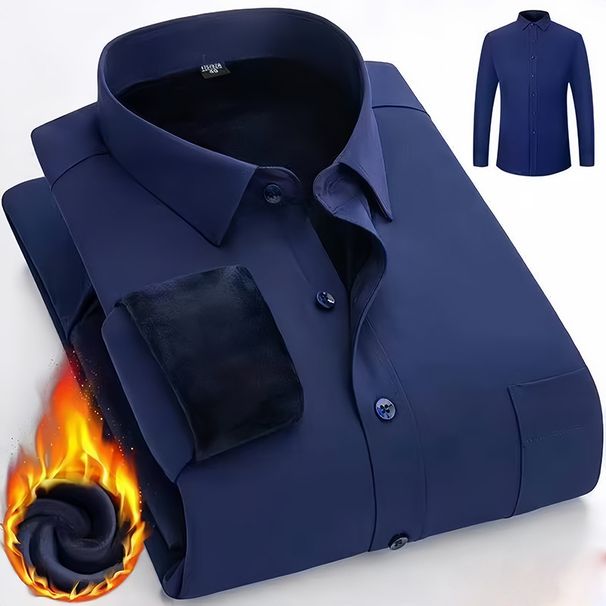 Men's Fleece-Lined Stretch Dress Shirt – Winter Warm Business Casual Shirt With Thick Inner Flannel For Office & Smart Wear_viptrois.com
