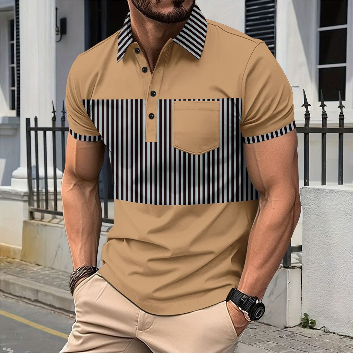 Men's Business Casual Short Sleeve Polo Shirt Striped Pockets Cross Border New Men's Clothing Tops & Tees_viptrois.com
