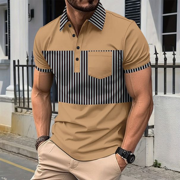 Men's Business Casual Short Sleeve Polo Shirt Striped Pockets Cross Border New Men's Clothing Tops & Tees_viptrois.com