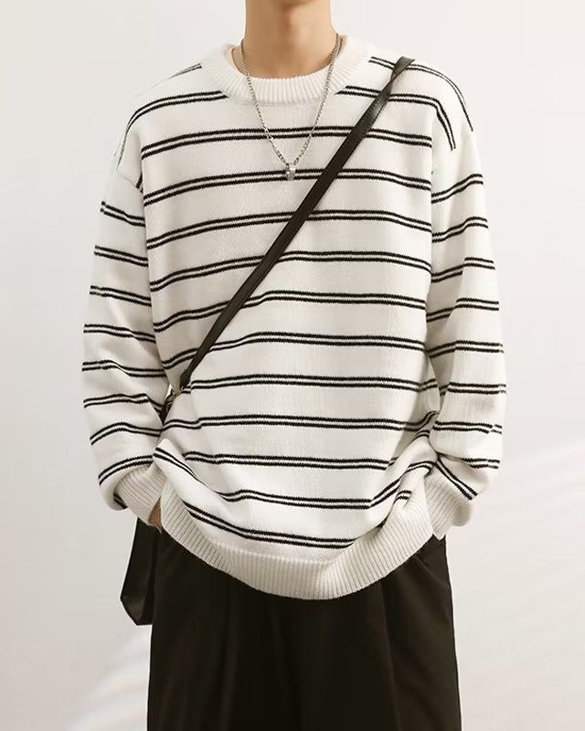 Striped Sweater Men's Autumn And Winter Loose Pullover Sweater Versatile, Thick Base Knit Sweater_viptrois.com